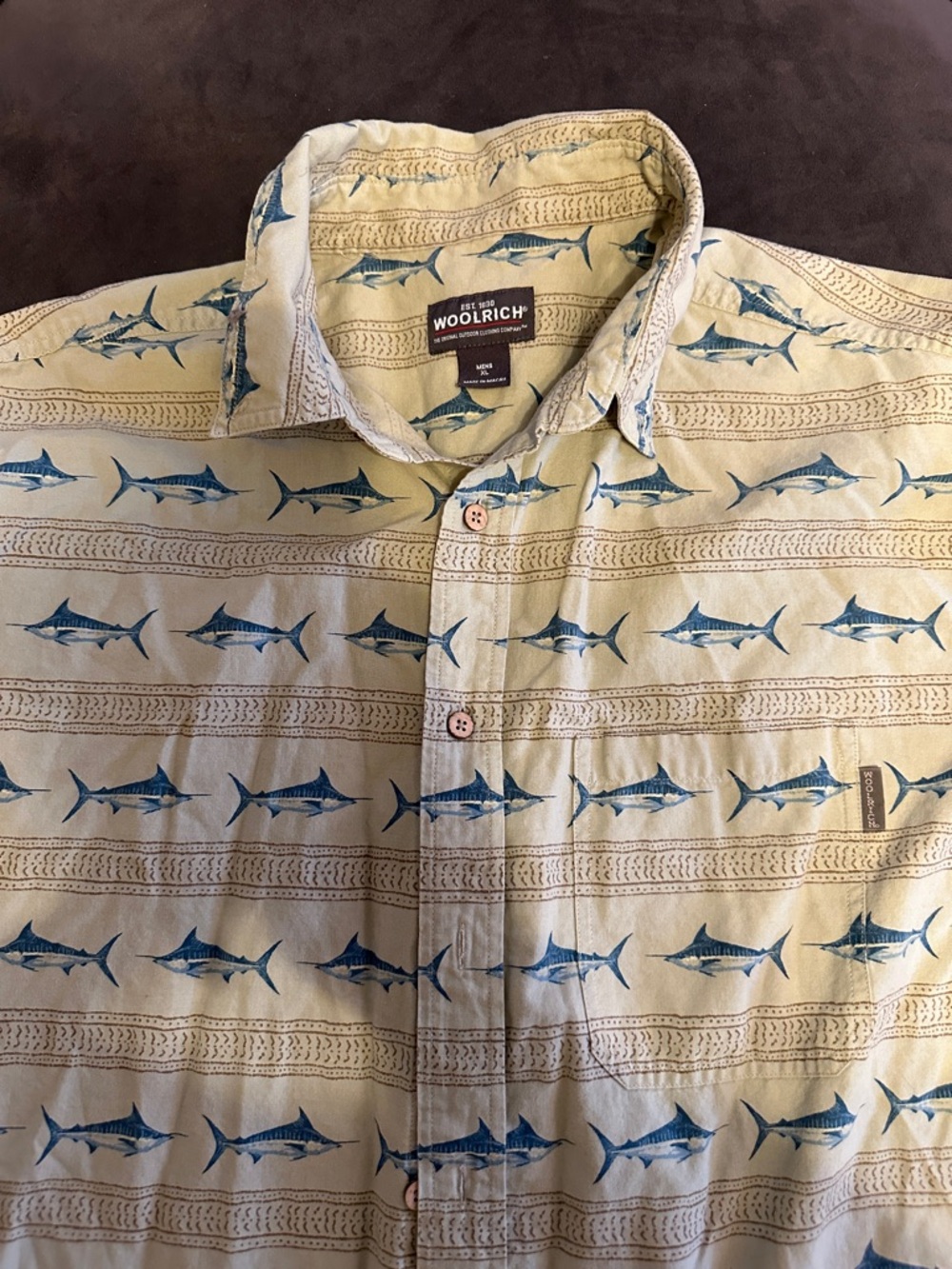 Woolrich Beige Button-Down Shirt with Blue Fish Print